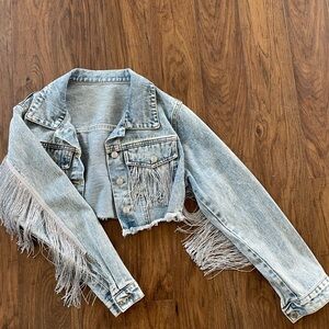 Women’s crop denim jacket with sparkle fringe